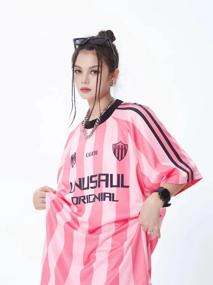 OLCooL Pink Basketball Women T Shirt Sporty Short Sleeve Tees Blokecore Hip Hop O-neck Striped Print Oversized Streetwear Kpop olcool