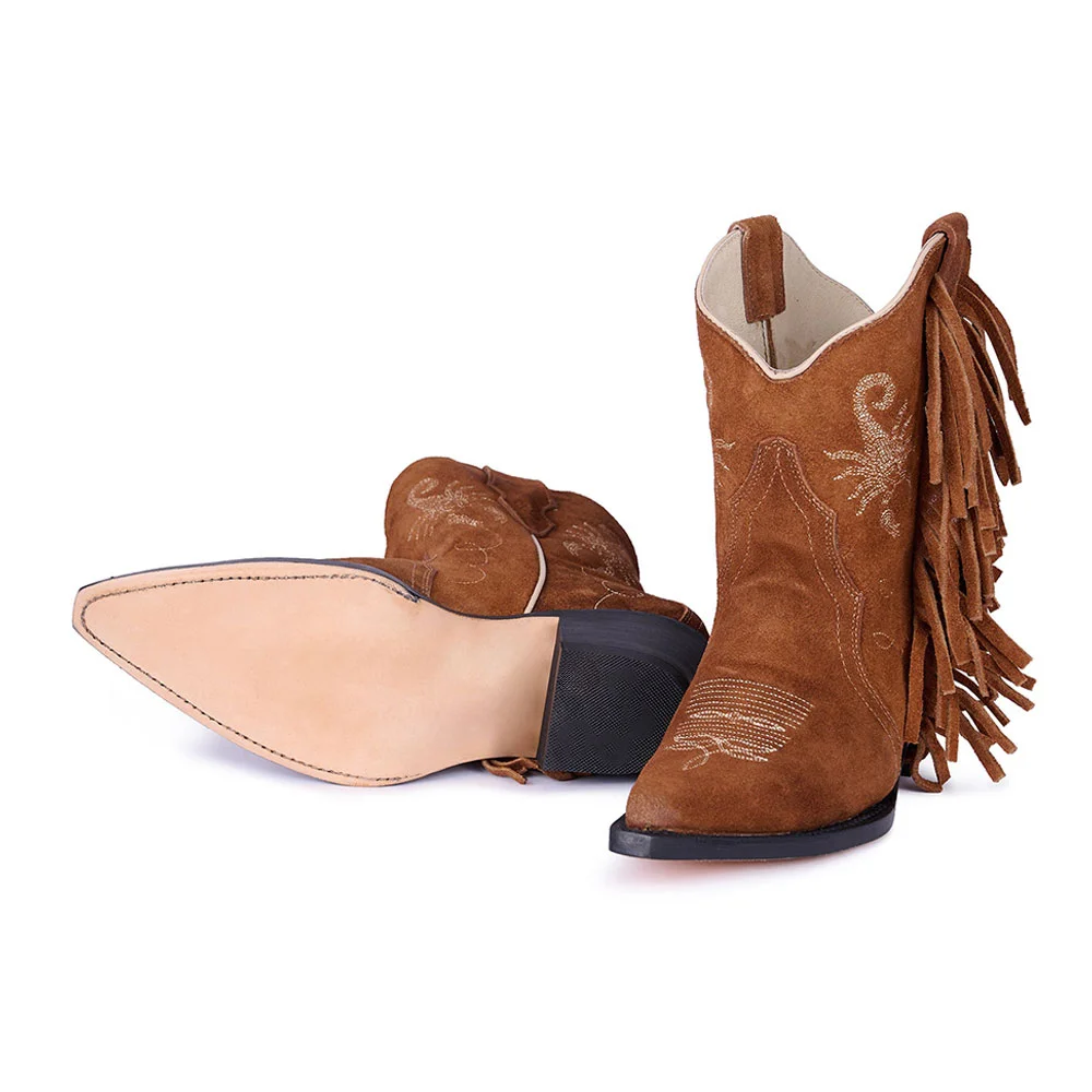 Brown Pointed Toe Scorpion Embroidery Chunky Heel Fringe Cowgirl Boots