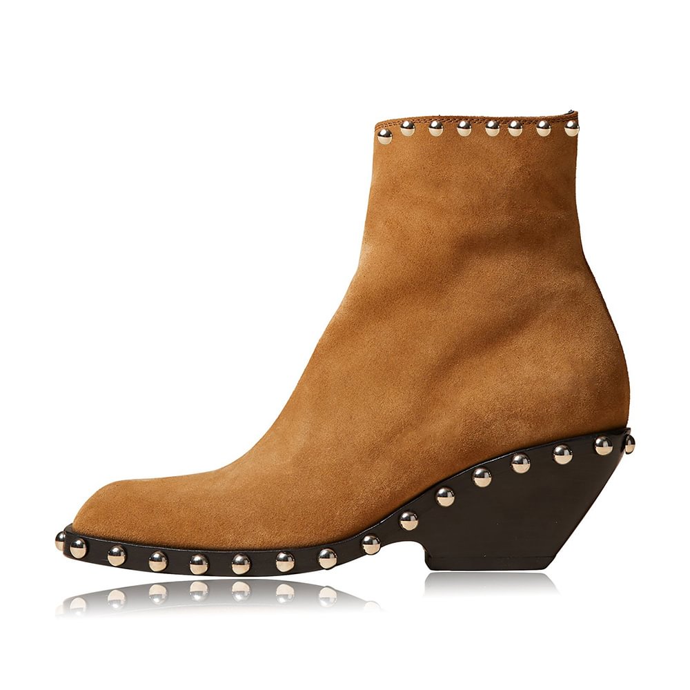 Women's Suede Leather Rivet Decor Zipper Design Cone Heel Booties Nicepairs