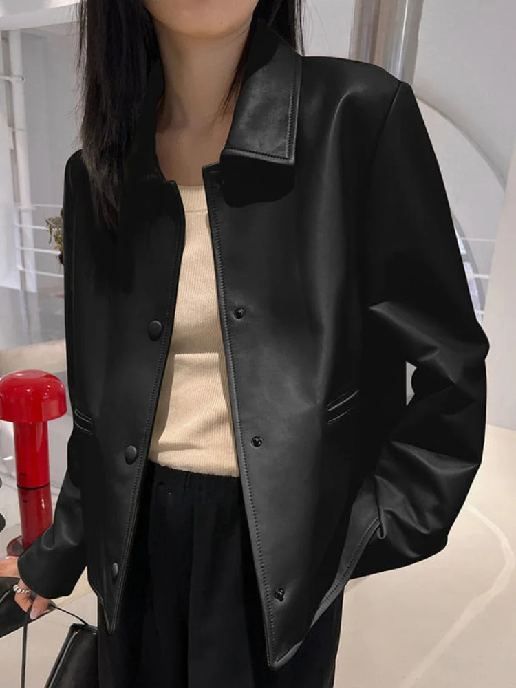 Nncharge New Spring Autumn Faux Leather Short Jacket Women Casual Lapel Single Breasted Pu Coat Lady Fashion Loose Black Outwear