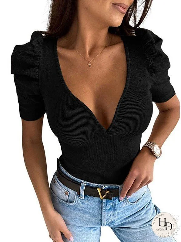 Stylish Women'S V-Neck Puff Sleeve Slim Fit T-Shirt With Short Sleeves