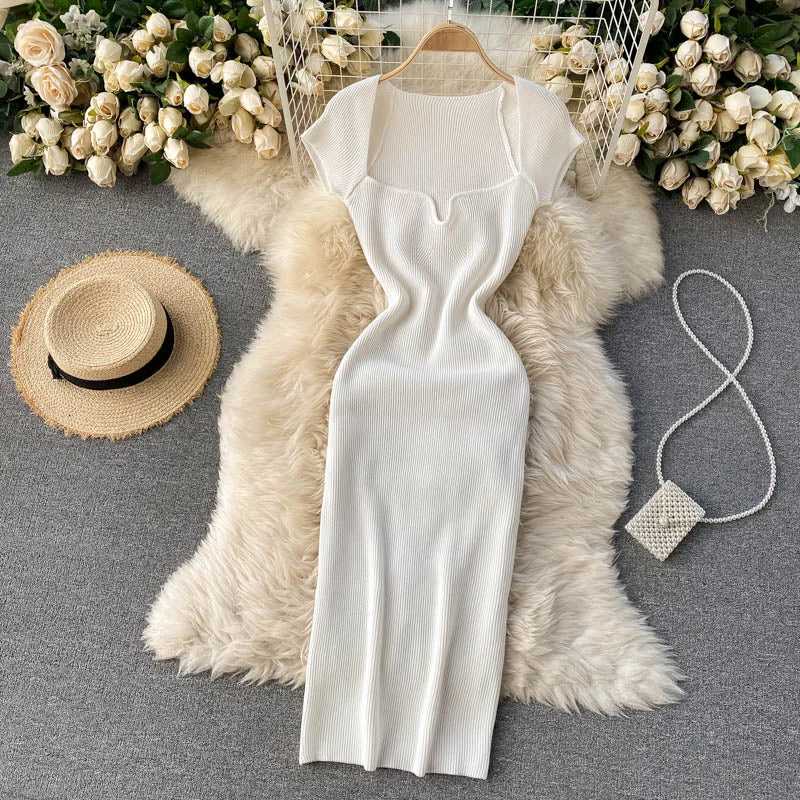 Croysier Spring Summer Short Cap Sleeve Knitted Sexy Bodycon Dress Back Slit Square Neck Casual Vintage Elegant Midi Dress Women
