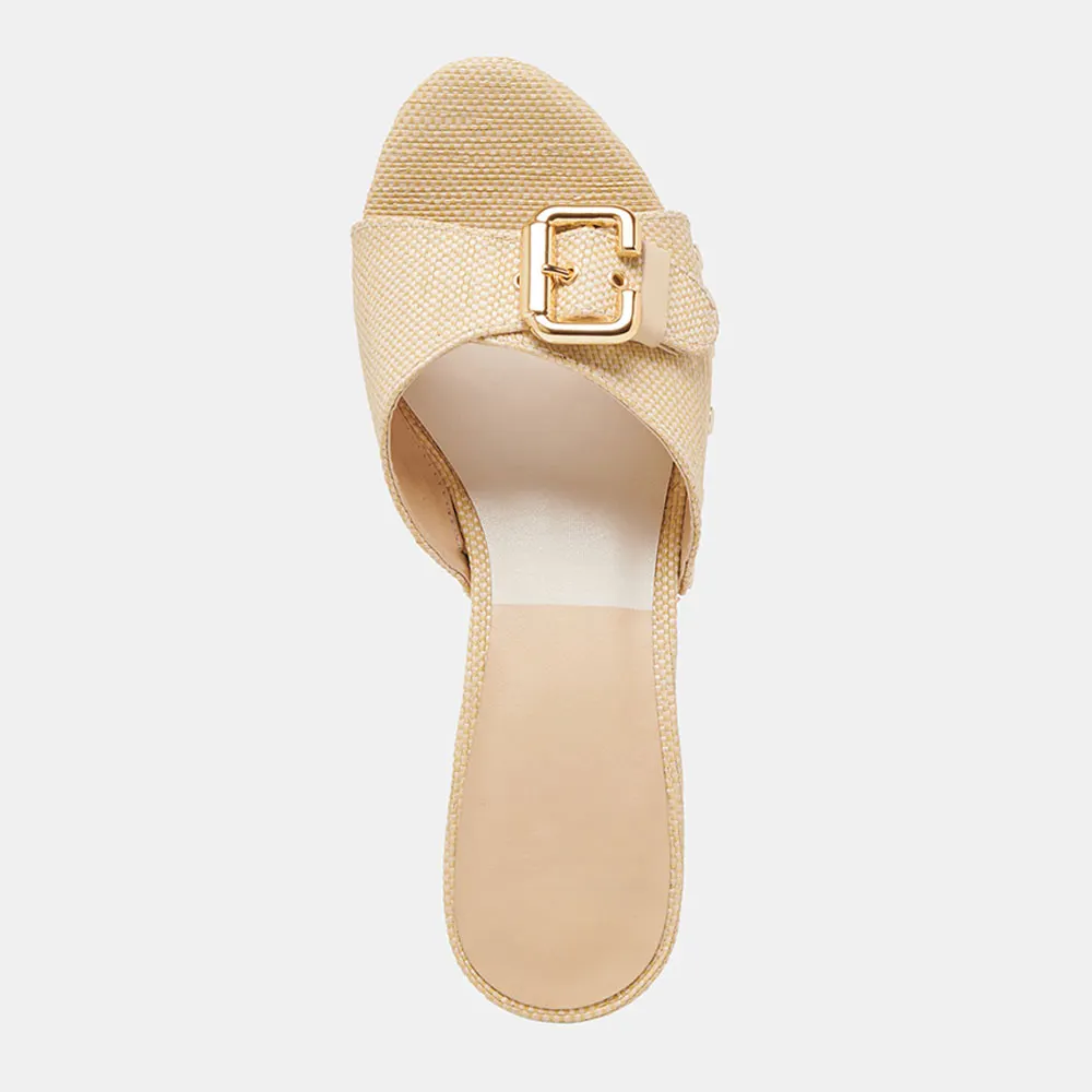 Beige Raffia Studded Open Round Toe Buckle Platform Slide Sandals