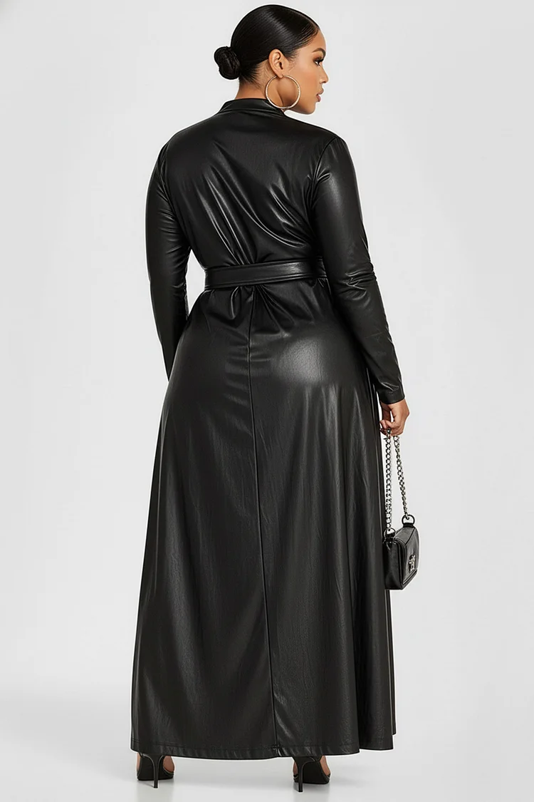 Xpluswear Design Plus Size Formal Black V Neck Long Sleeve With Skirt Overlay Elegant Ruffled PU Leather Jumpsuits [Pre-Order]