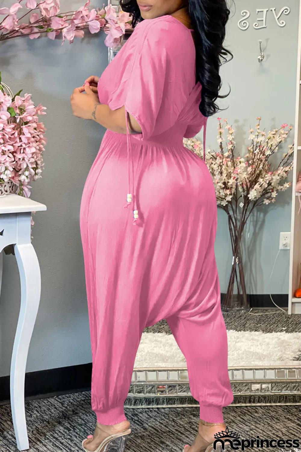 Tangerine Casual Solid Split Joint Frenulum V Neck Loose Jumpsuits