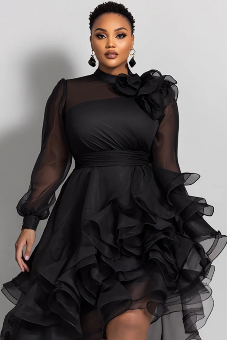 Xpluswear Design Plus Size Cocktail Party Black Round Neck Long Sleeve 3D Elegant High Low Hem Organza Midi Dresses [Pre-Order]