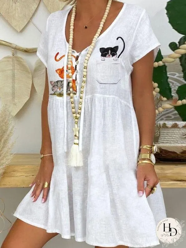 Casual Cartoon Cat Print Short Dress