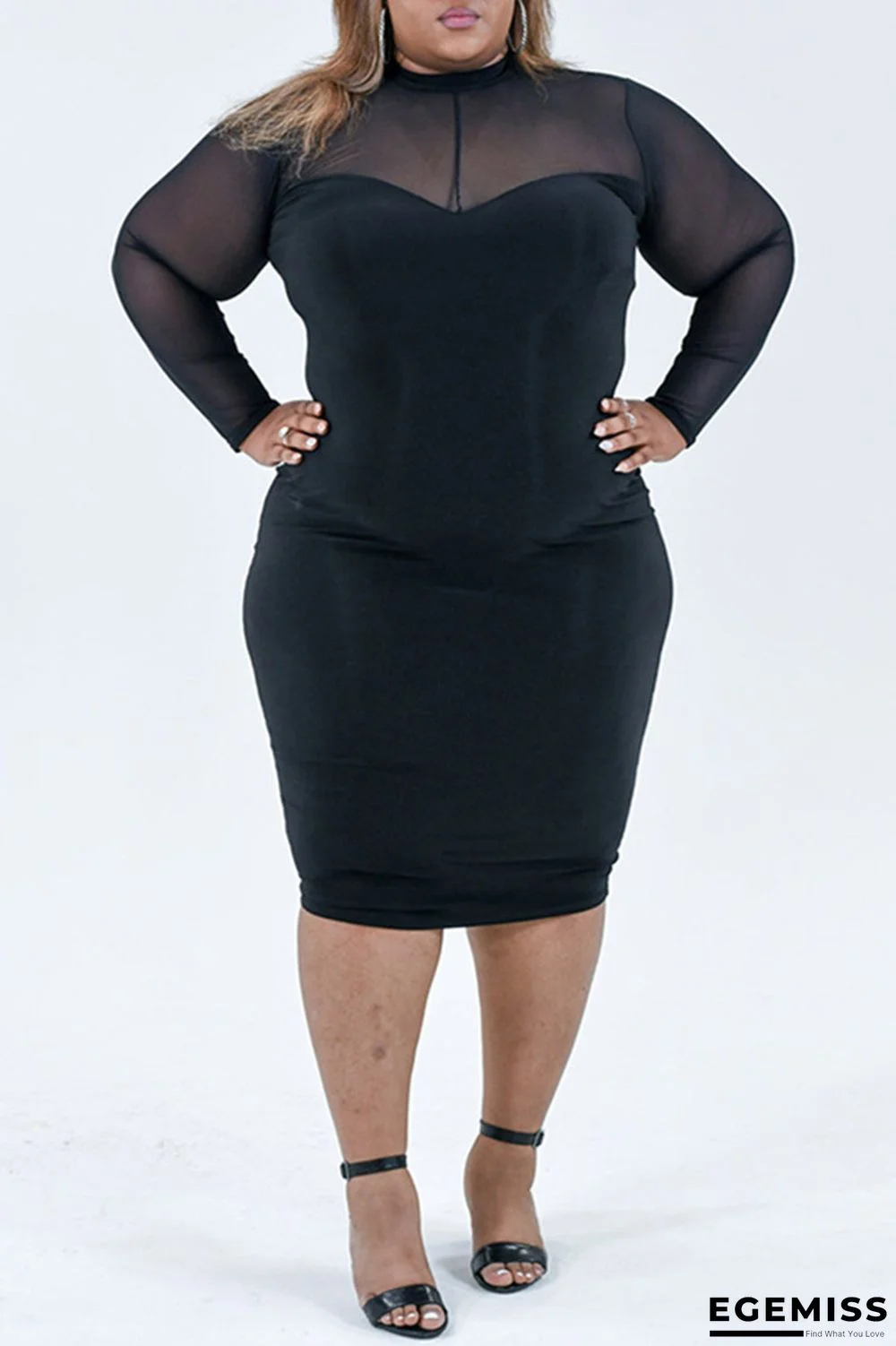Black Fashion Sexy Solid Patchwork See-through O Neck Long Sleeve Plus Size Dresses | EGEMISS
