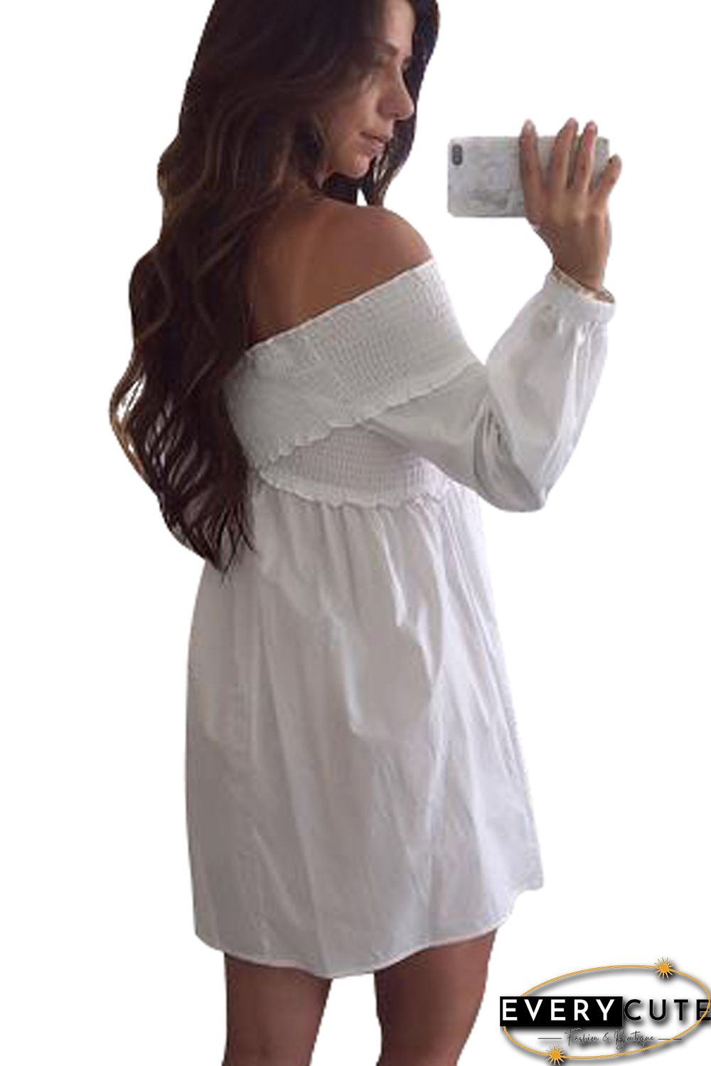 White Crossed Smocking Off Shoulder Mini Dress