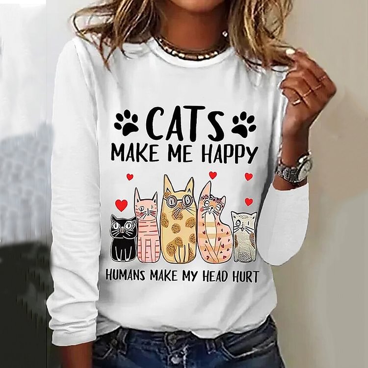 Comstylish Cat Letter Print Long Sleeved T-Shirt