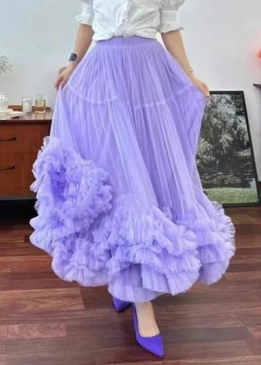 French Purple Elastic Waist Ruffled Tulle Skirts Summer