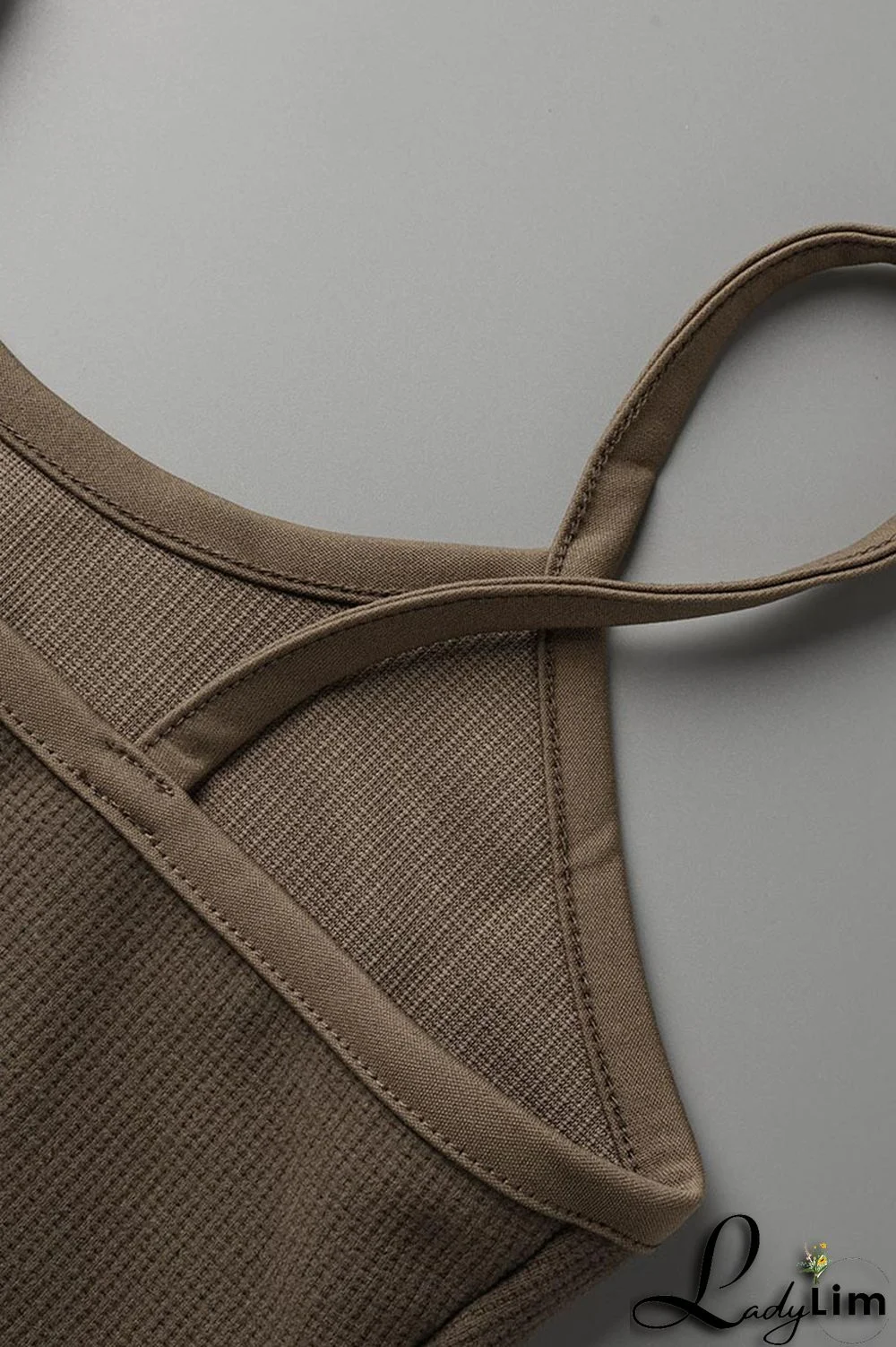 Khaki Casual Sportswear Solid Backless Spaghetti Strap Sleeveless Two Pieces