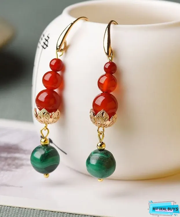 Women Overgild Agate Gem Stone Round Drop Earrings