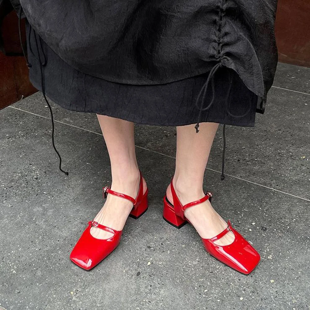 Red Patent Leather Closed Square Toe Slingback Strappy Pumps With Low Chunky Heels Nicepairs