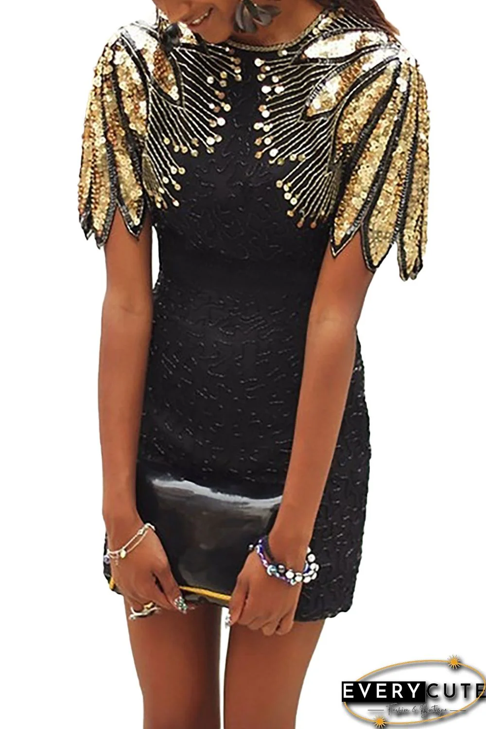 Black Sequin Shoulder Cocktail Party Dress