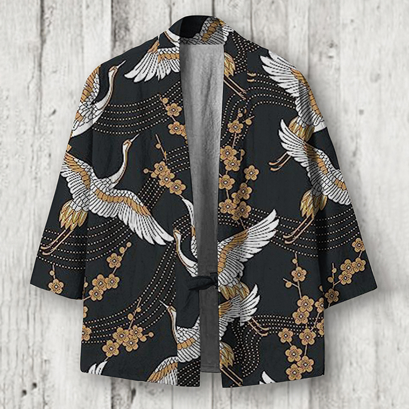 Japanese Art Crane Print Linen Blend Kimono Cardigan wearshes