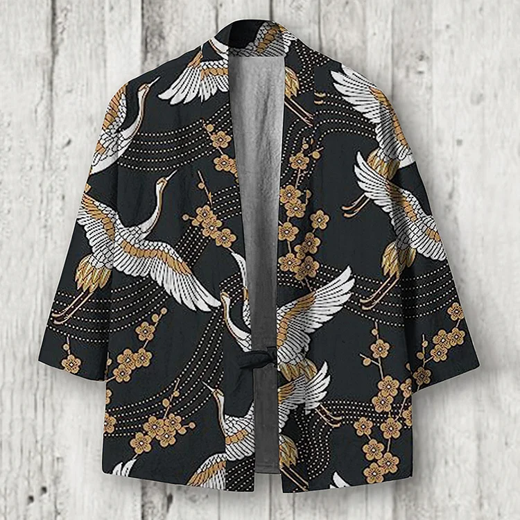 Japanese Art Crane Print Linen Blend Kimono Cardigan