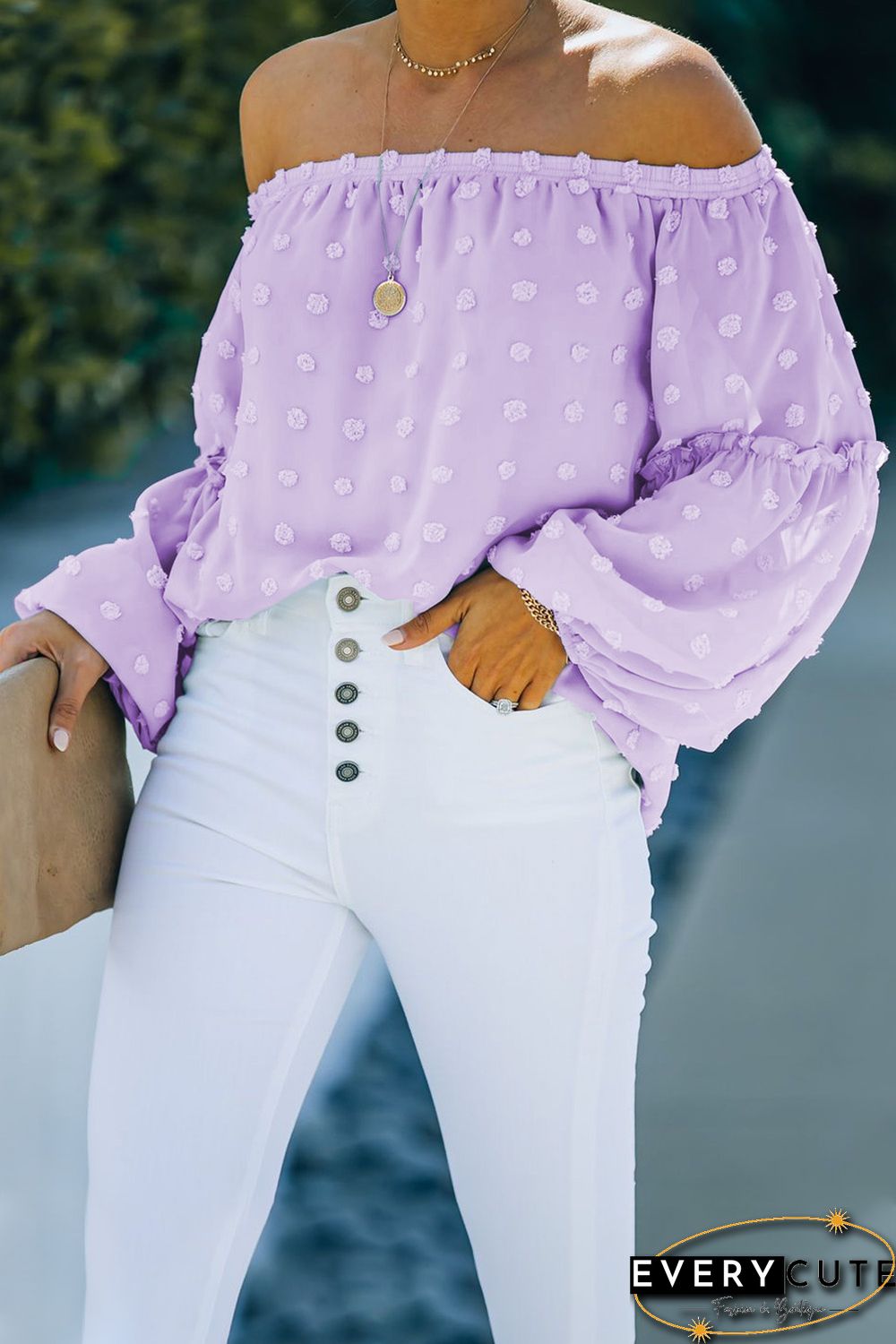 Purple Swiss Dot Off The Shoulder Blouse