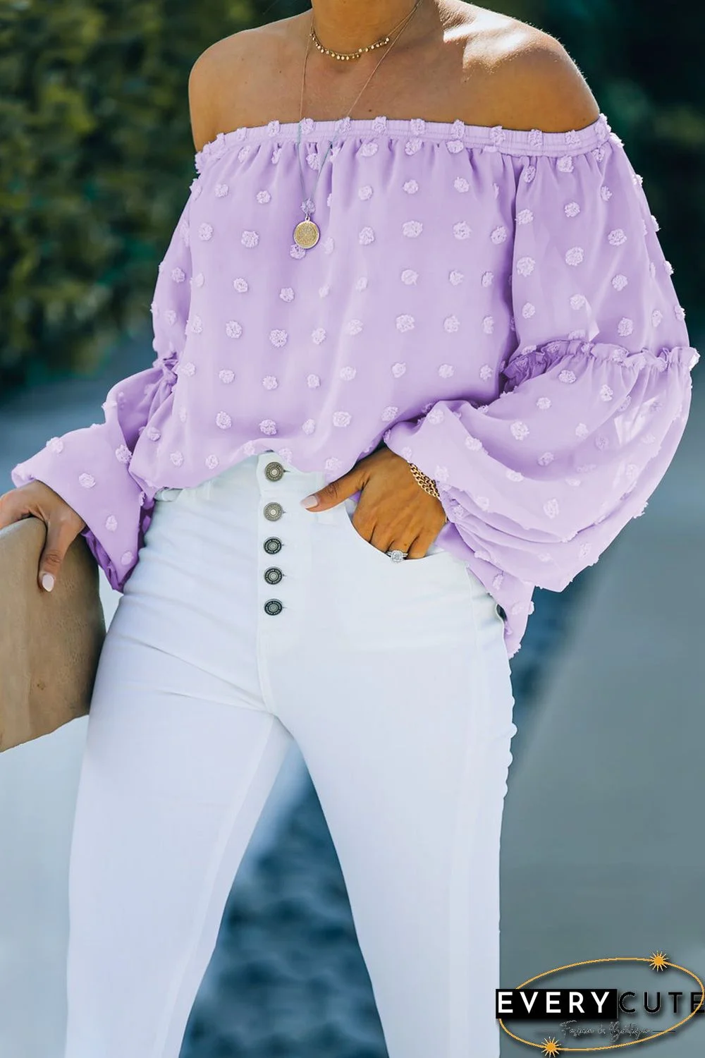 Purple Swiss Dot Off The Shoulder Blouse