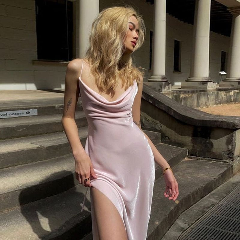 Summer women's dress 2021 Satin Halter Elegant Slim Long dresses sexy low-cut High waist bag hip slit sling rode casual clothes