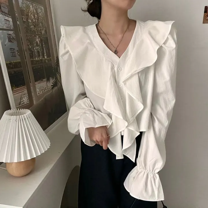 Churchf Churchf Update Chic Fall French Temperament V Neck Flounce Horn Sleeve Design Sense Versatile Shirt Top