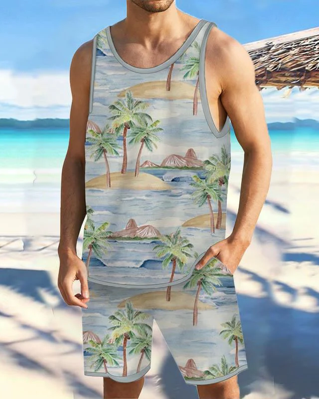 Men's Casual Resort Printed Vest Set 015