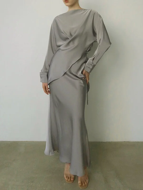 Loose Solid Color Split-Joint Boat Neck Long Sleeves Blouse & Shirt + Skirt Two Pieces Set