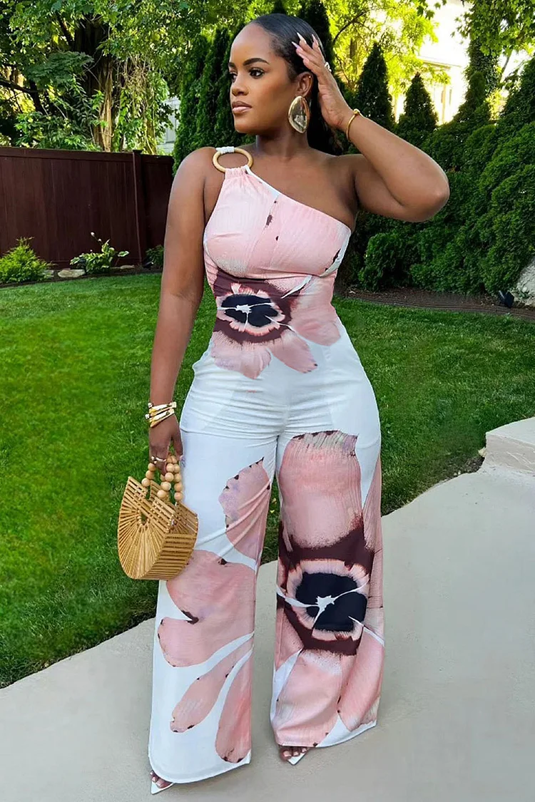 One Shoulder O-Ring Floral Print Vacation Wide Leg Jumpsuit-White [Pre Order]