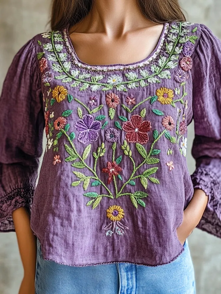 Purple Ethnic Floral Embroidery Vintage Women's Linen Shirt