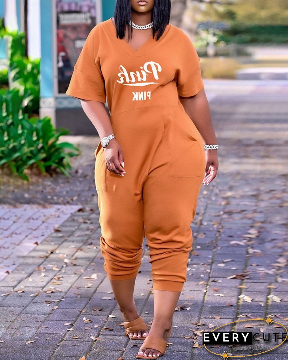 Letter Print V-Neck Short Sleeve Pocket Design Jumpsuit