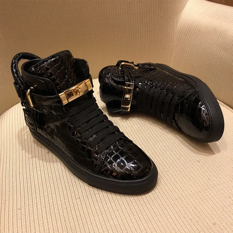 Men Embossed Crocodile High Top Sneakers Lock Lace Red Flats Real Leather Designer Boots Men‘s Casual Shoes