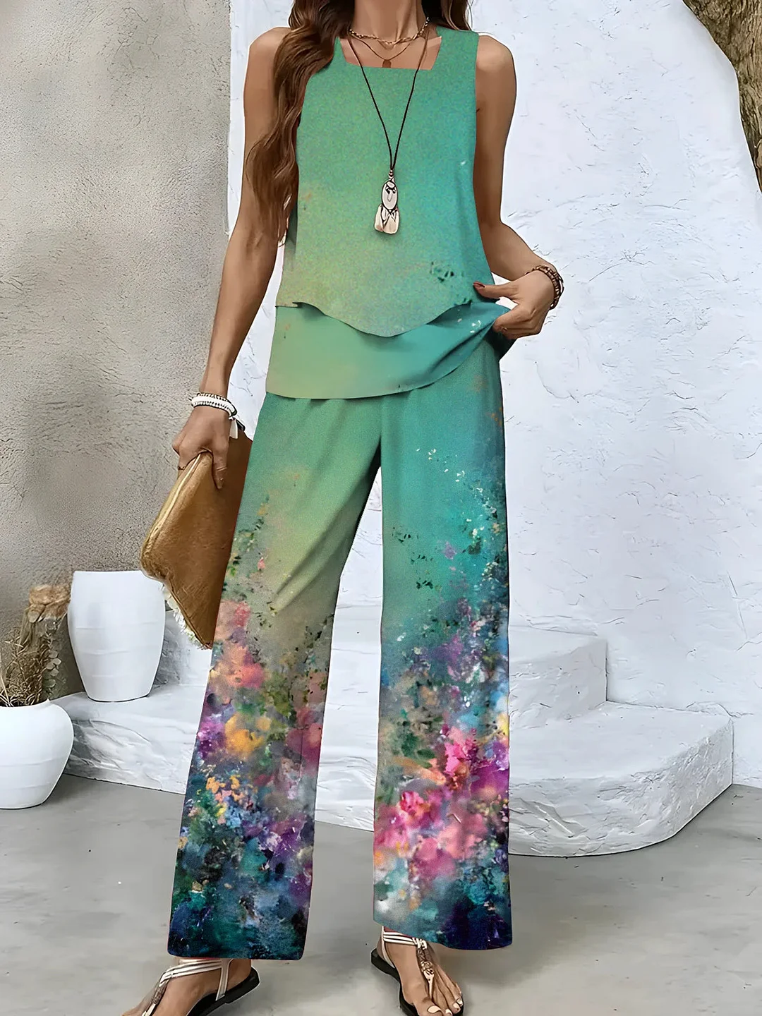 Women's Sleeveless Square Collar Floral Printed Casual Set