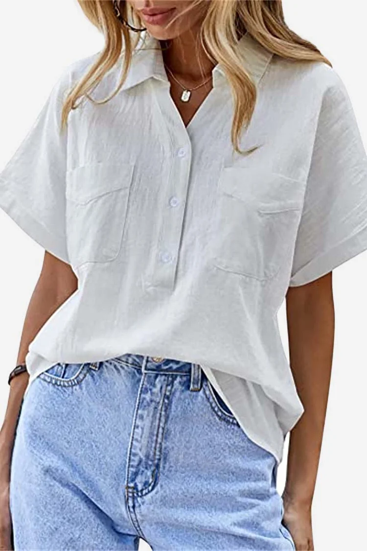 Pocket Short Sleeve Turndown Collar Button Linen Blouse