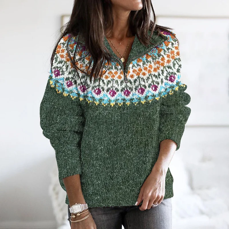 Retro Icelandic Pattern Knitted Ziper Cozy Sweater
