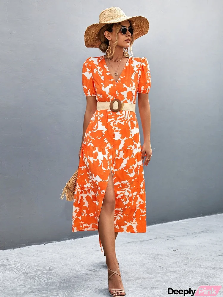 V-Neck Short Sleeve High Slit Midi Dress