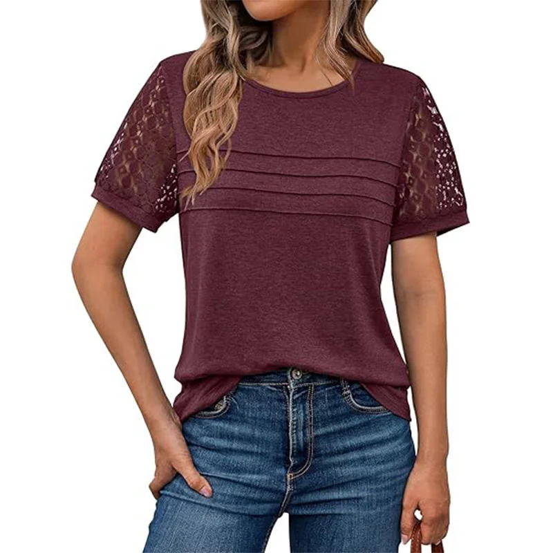 Athvotar Athvotar Summer New Women's Casual Loose Round-Neck Lady T-Shirt Solid Color Lace Splicing