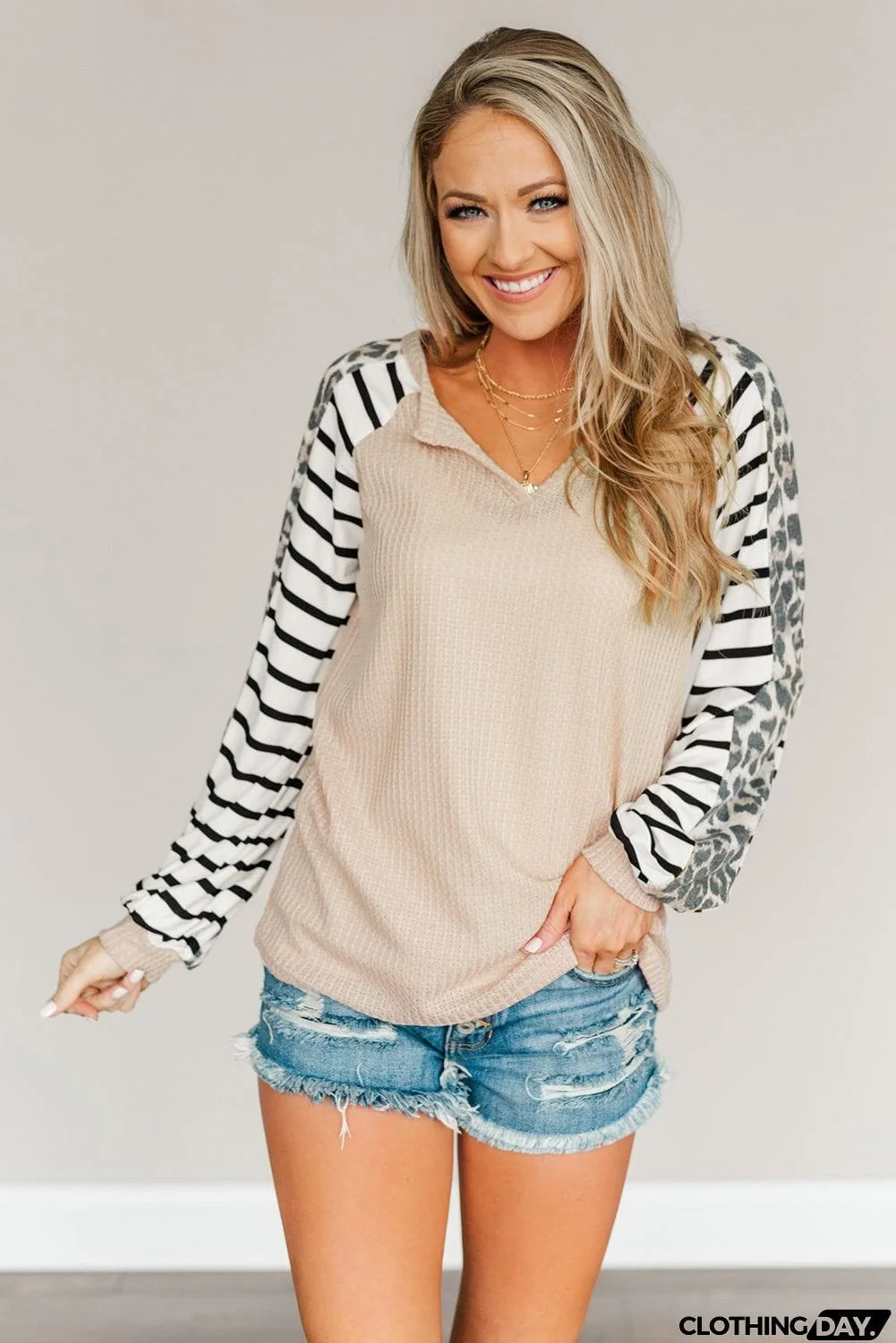 Animal Striped Sleeve Patchwork Waffle Knit Top