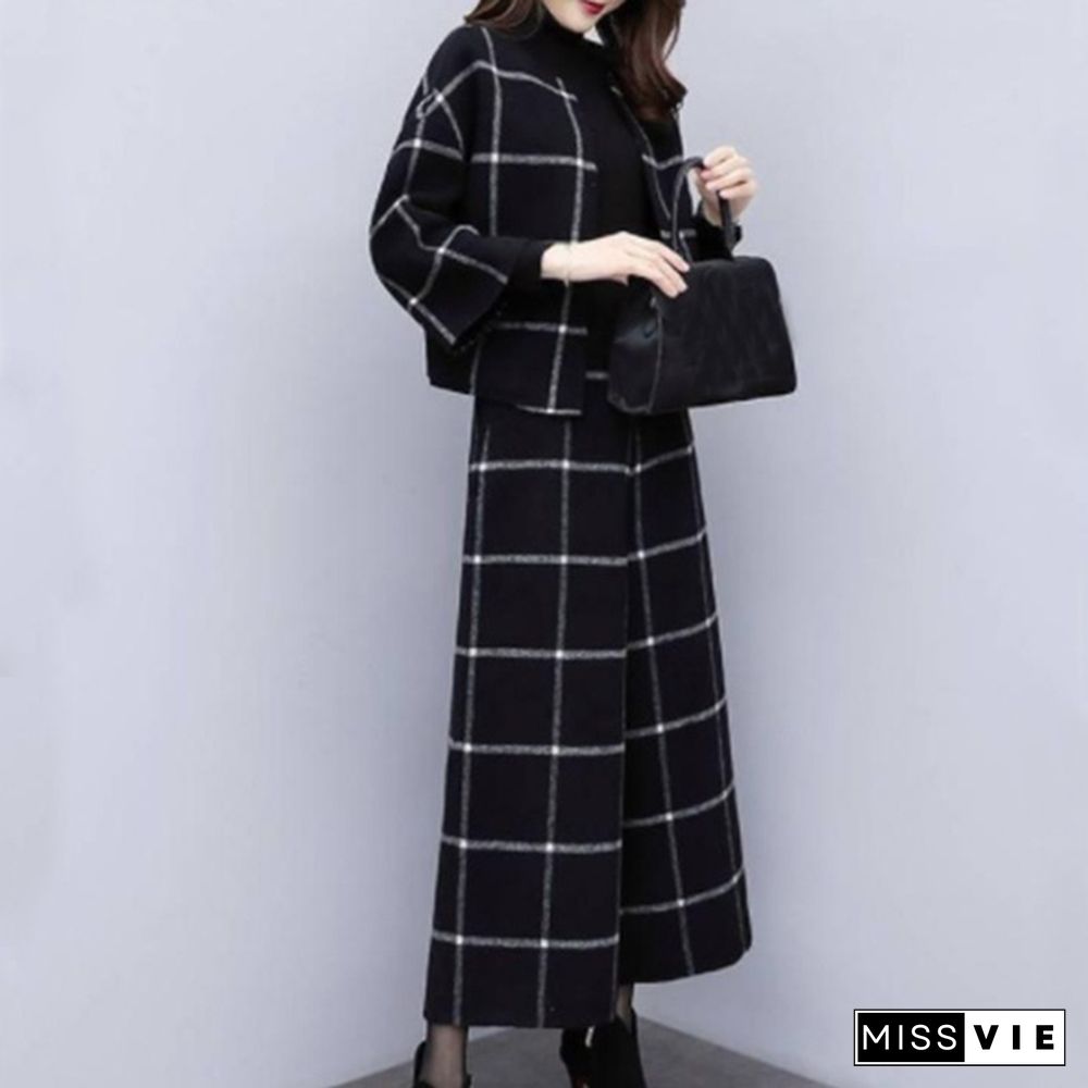 Autumn Winter Black Woolen Plaid Two Piece Sets Outfits Women Short Jacket Coat Wide Leg Pants Suits Elegant Fashion Office Sets