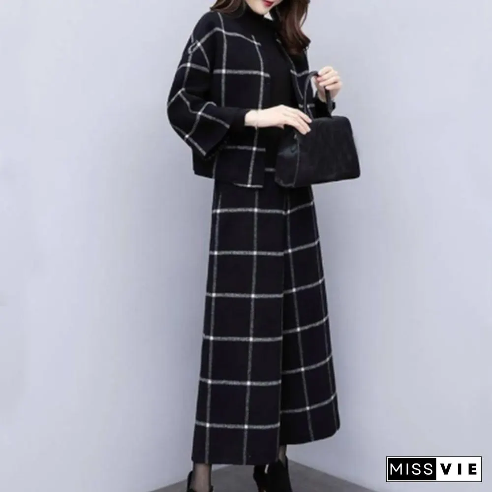 Autumn Winter Black Woolen Plaid Two Piece Sets Outfits Women Short Jacket Coat Wide Leg Pants Suits Elegant Fashion Office Sets