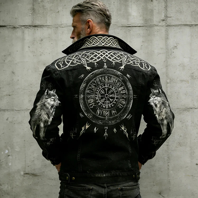 Men's Vintage Viking Vegvisir Wolf Celtic Art Washed Denim Jacket