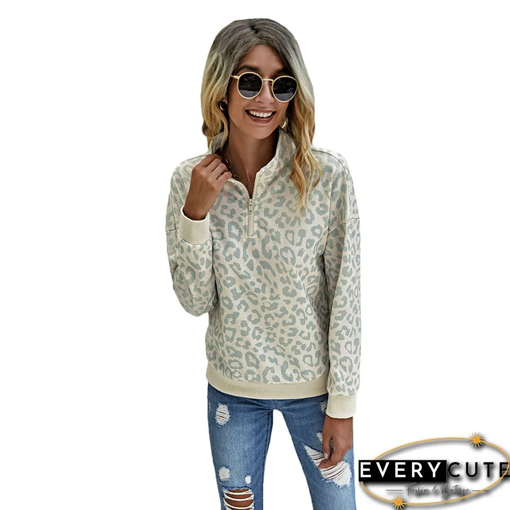 Apricot Zip Neck Leopard Print Pullover Sweatshirt