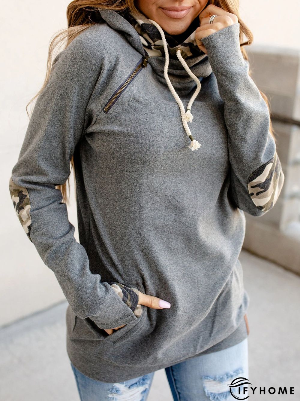 Casual Camo Pockets Mid-weight Long sleeve Hooded Regular Sweatshirt Womens Camo | IFYHOME