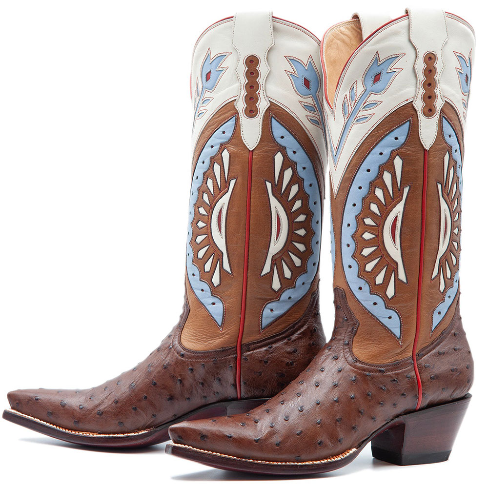Multicolor Floral Inlay Ostrich Embossed Knee-High Cowgirl Boots Nicepairs