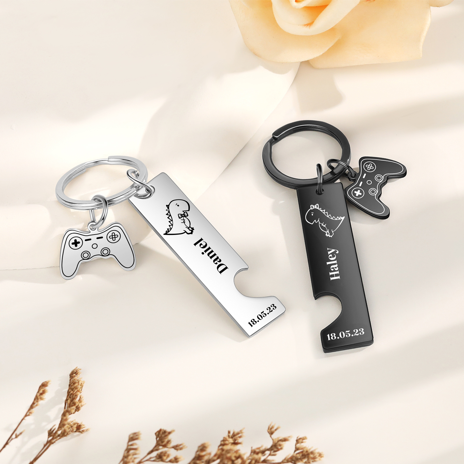 Personalised Couple Keychain Dinosaur Custom 2 Names Date Keyring Game Console Valentine's Day Gift for Him/Her-Jessemade AU