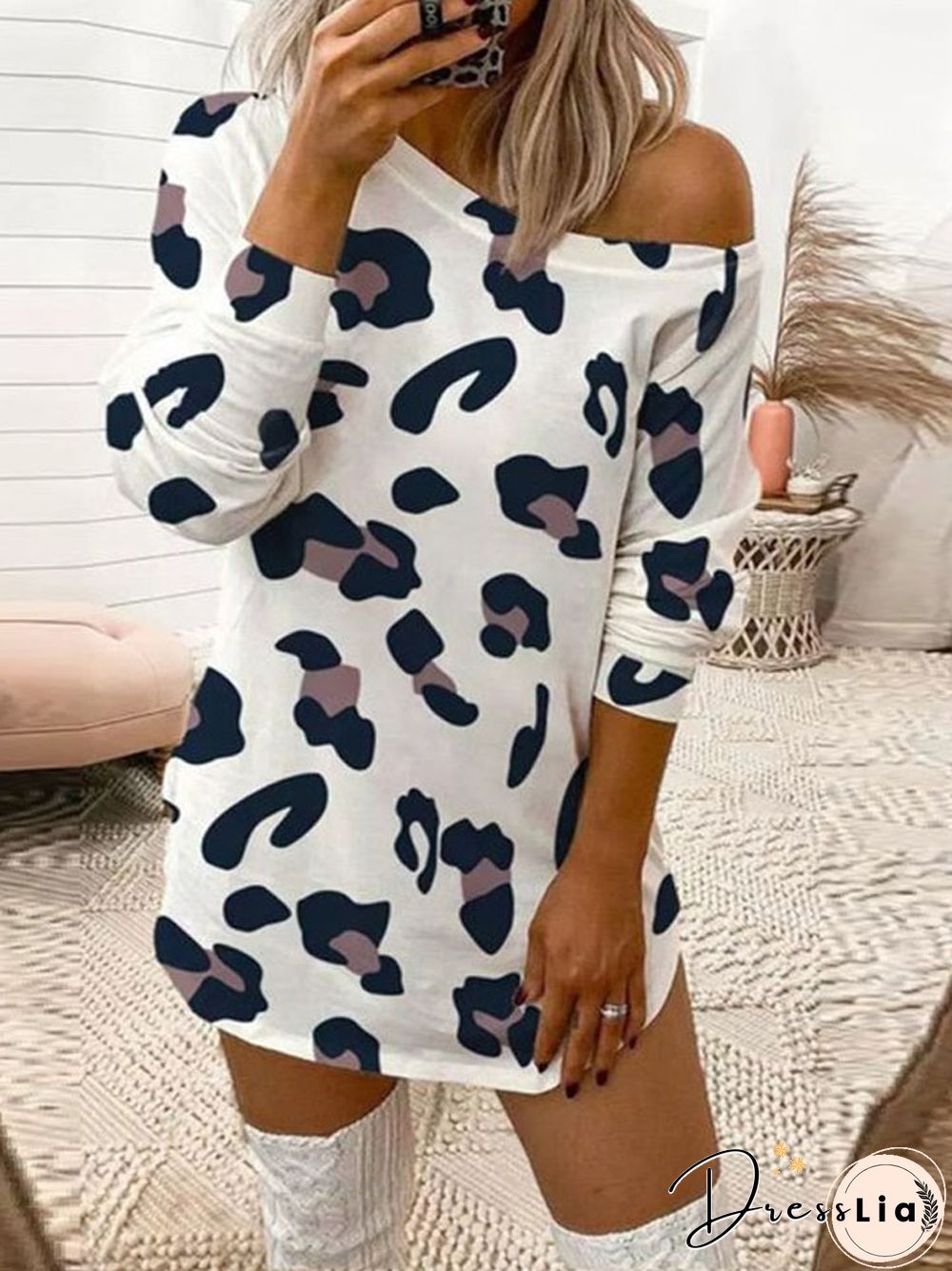 Sexy Leopard Print Off Shoulder Long Sleeve T-shirt Dress Women White Dresses