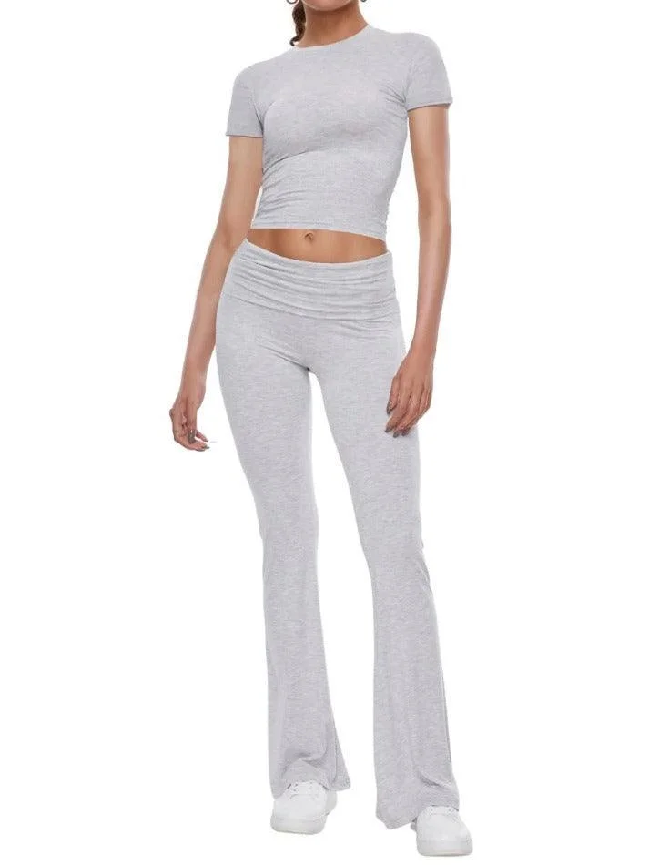 Brownm Short Sleeve Cropped Top Fold-over Flare Pants Set