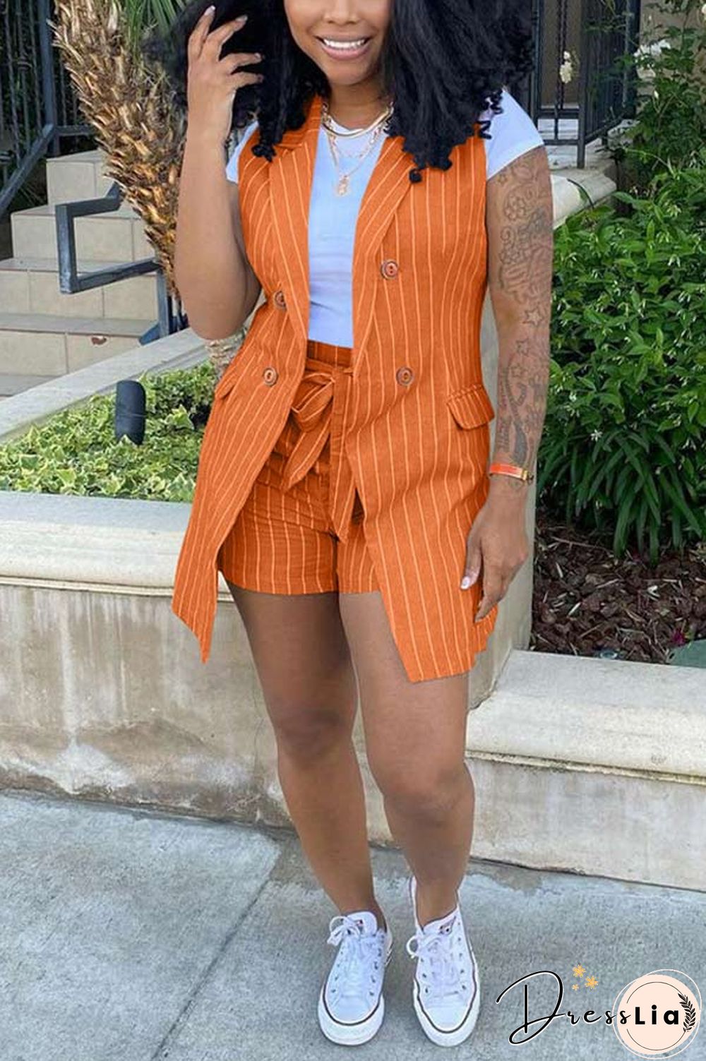 Casual Stripe Print Vest Jacket Shorts Set