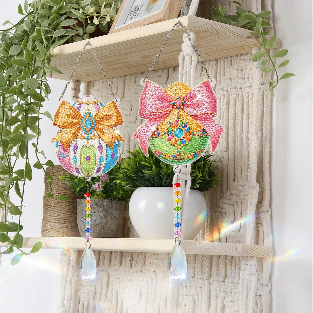 2Pcs Bow-shaped Easter Egg DIY Double-Sided Diamond Painting Hanging Kits Diamond Painting Suncatcher Craft Kit for Home Garden Wall Decor Gift