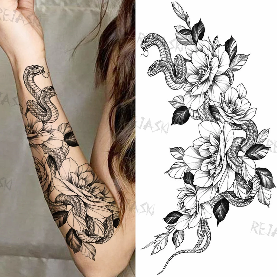 Sexy Snake Flower Fake Temporary Tattoo For Women Black Sunflower Tattoos Bloosom Big Daisy Camellia Water Transfer Tatoos Legs