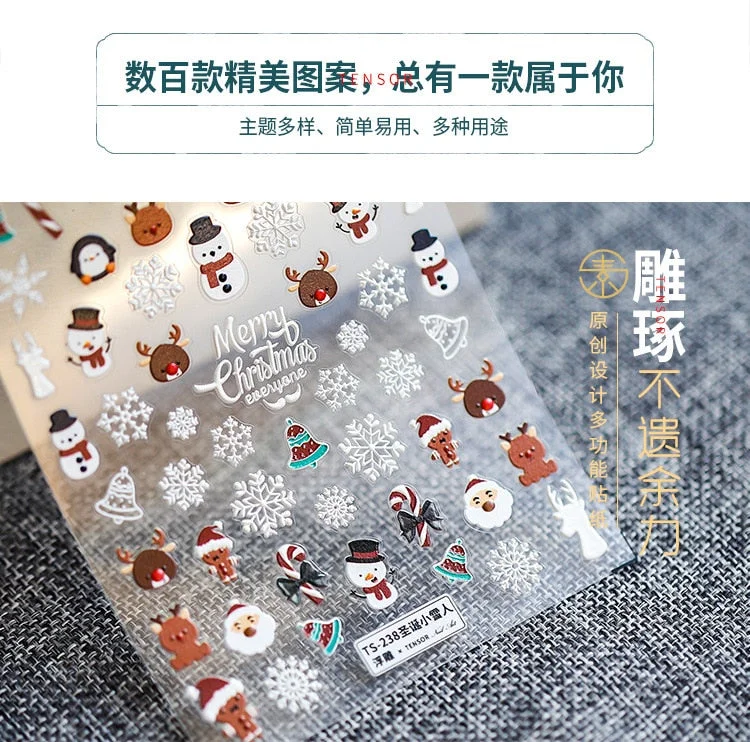 5D Christmas SnowFlake Snowman Nails Art Sticker Pro Frosted Thin Transparent Embossed New Year Nail Art Design Nail Stickers-Nail Inspo